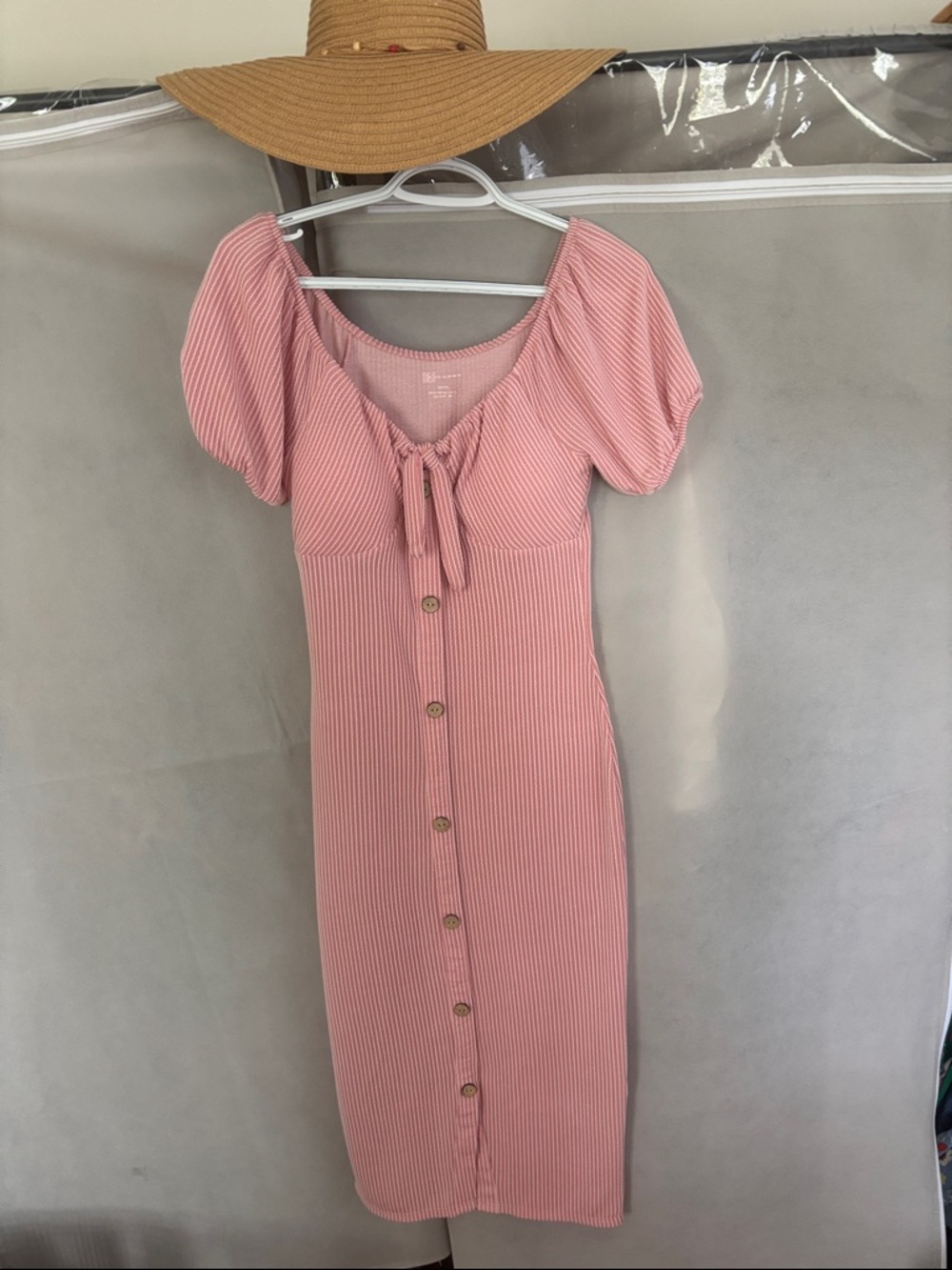 No Boundaries Pink Ribbed Button-Front Midi Dress with Tie Neck